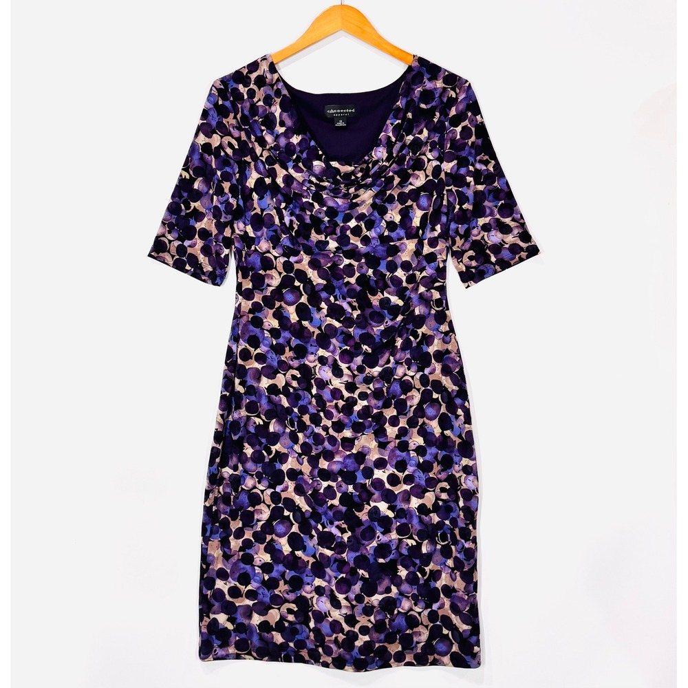 Connected Apparel Dress Women 12 Purple Dot Sheath Cowl Neck Short Sleeve